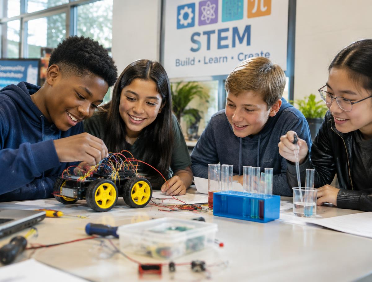 Young people building a robot and doing a science experiment together