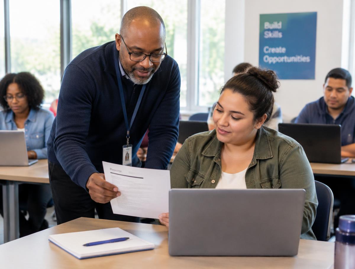 A mentor reviews a résumé with an adult learner at a laptop