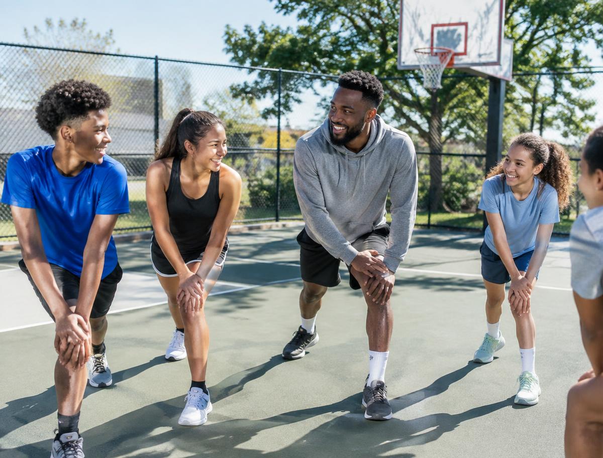 A coach and youth stretching together on an outdoor basketball court